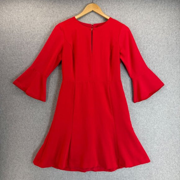 Ann Taylor‎ Size 4 Petite Red Flare Dress Knee Length Office Date Bell Sleeves - Picture 1 of 16